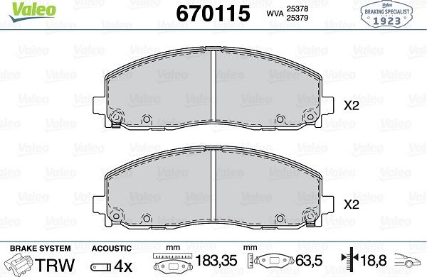 VALEO 670115 - Kit pastiglie freno, Freno a disco www.qualy.parts