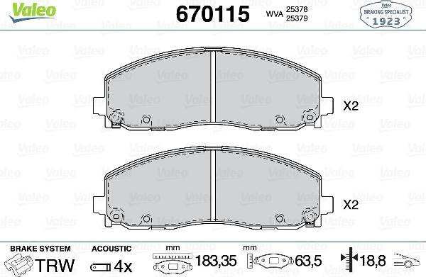 VALEO 670115 - Kit pastiglie freno, Freno a disco www.qualy.parts