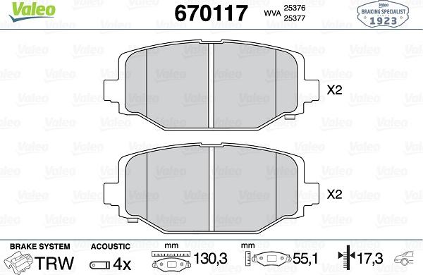 VALEO 670117 - Kit pastiglie freno, Freno a disco www.qualy.parts